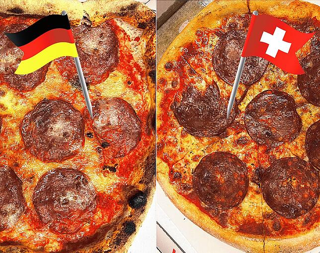 Die Salamipizzen im Vergleich. Die deutsche Pizza kostet 14,50 Euro; die in der Schweiz 20,50 CHF.