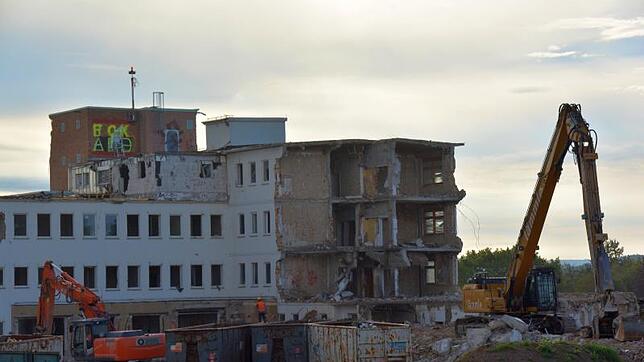 Bissen für Bissen trägt der Abrissbagger die Gebäude des alten Klinikums ab, um die tragende Wand mit dem Mosaik darauf nicht zu gefährden.