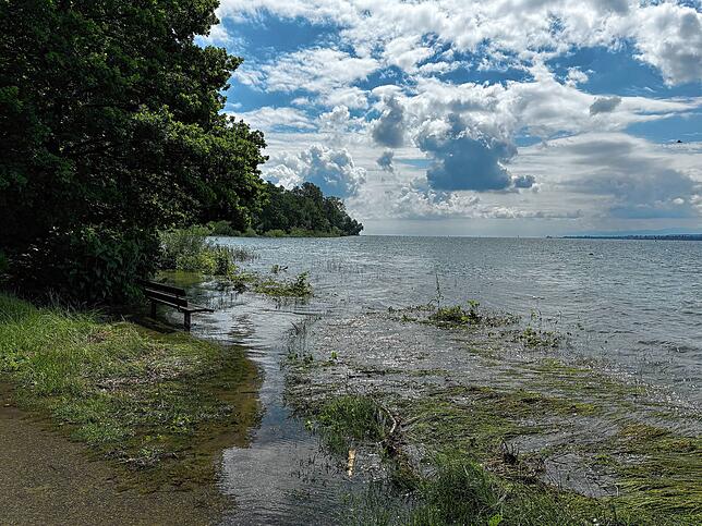 Der hohe Wasserstand hat dafür gesorgt, dass der Bodensee über sein Ufer schwappt.