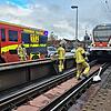 Auch der Seehas muss warten. Feuerwehrleute holen am Mittwochvormittag einen Schwan von der Bahnanlage auf der Alten Rheinbrücke.