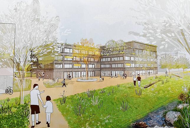 Ein kompakter Holzbau mit viel Grün: So stellen sich die Stuttgarter Architekten Kita, Sporthalle und Grundschule am Hafner vor. Der ...