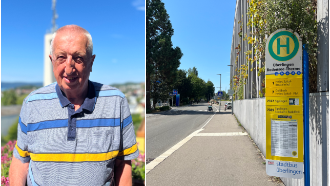 Der Überlinger Bernhard Schäuble (links) kritisiert die Busverbindung von der Überlinger Therme (rechts) hoch zum Helios-Spital.