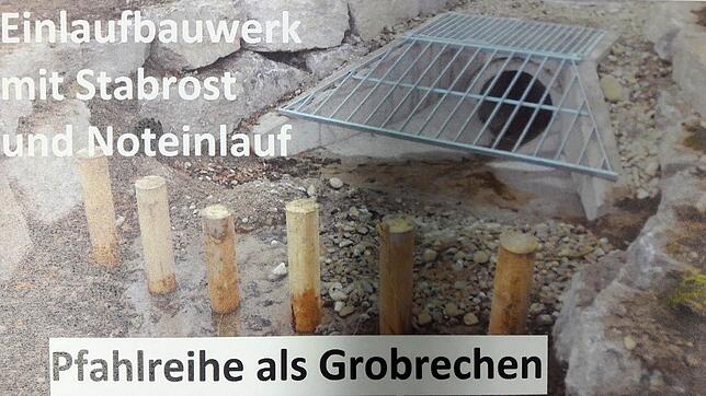 Ein Beispiel für Hochwasser-Schutz im Mühlbach. Durch diesen Aufbau wird verhindert, dass angeschwemmtes Material den Ablauf verstopfen ...
