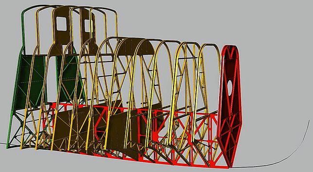 Darstellung der Struktur des Do-X-Vorschiffs: Die neuen Teile – Mittellängsträger und Spant 55 sind rot markiert. Ganz links in ...