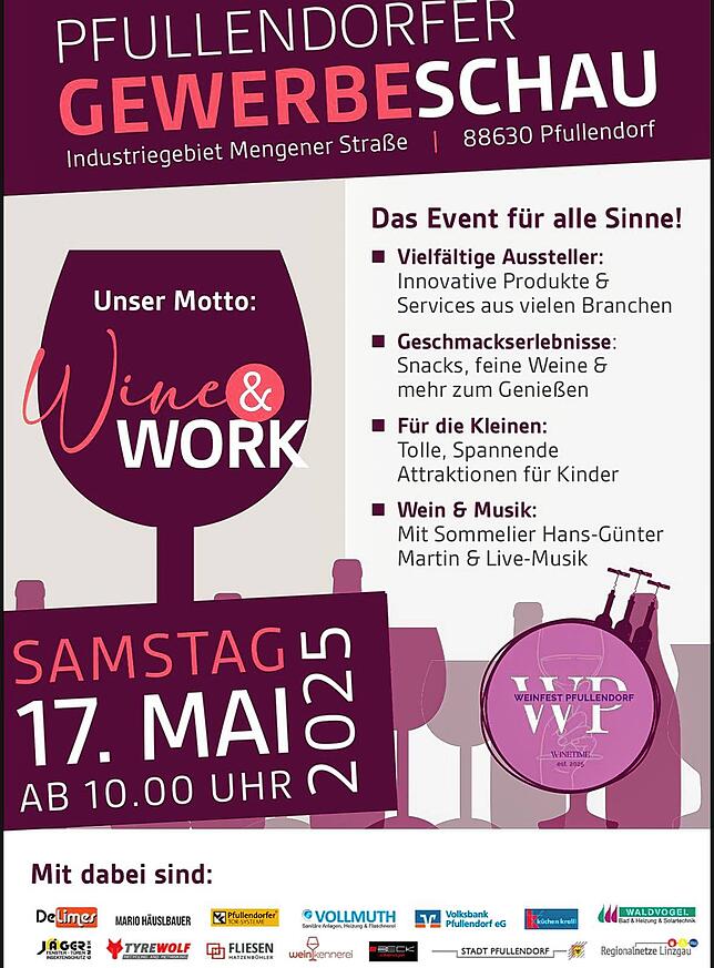 Samstag, 17. Mai, von 10 bis 18/24 Uhr im Industriegebiet Mengener Straße. Ein Event für alle Sinne! Weinfest mit Sommelier und großes ...
