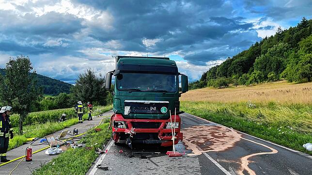 Neben dem beschädigten Lastwagen hat die Feuerwehr auslaufende Betriebsflüssigkeiten gebunden.