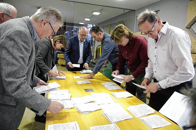 Sonntagsarbeit für die Demokratie: Das Bild zeigt die Wahlhelfer bei der Auswertung der Wahlzettel im Tengener Rathaus.