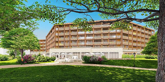 (Archivbild) Diese Visualisierung des Architekturbüros Rebholz zeigt, wie das Gesundheitshotel auf dem Büdingen-Areal einmal aussehen soll.