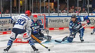 Die Schwenninger Wild Wings um Tylor Spink (links) feiern in der Partie gegen die Iserlohn Roosters ihren ersten Saisonsieg.