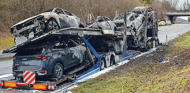 Von dem Autotransporter blieb nach seinem Ausflug an den Bodensee nicht viel übrig.