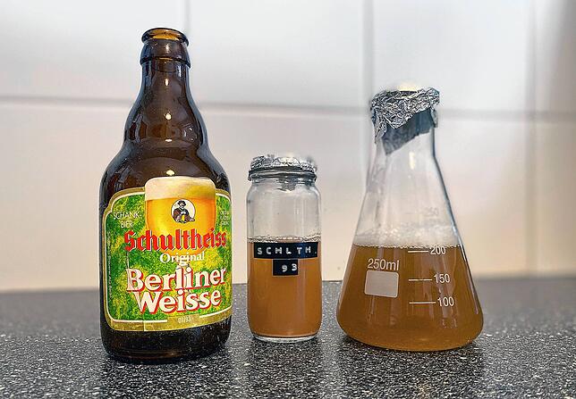 Die alte Flasche „Berliner Weisse“ von der Berliner Brauerei Schultheiss, daneben ein Glas, in dem die alten Hefezellen zum ...