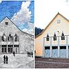 So soll der Neubau der Scheffelhalle aussehen (links) und so sah die alte Scheffelhalle aus.