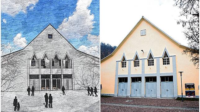 So soll der Neubau der Scheffelhalle aussehen (links) und so sah die alte Scheffelhalle aus.