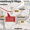 Die rote Linie auf der Grafik zeigt den geplanten &bdquo;Lückenschluss&ldquo; der Bundesstraße 523 nördlich von Villingen und südlich ...