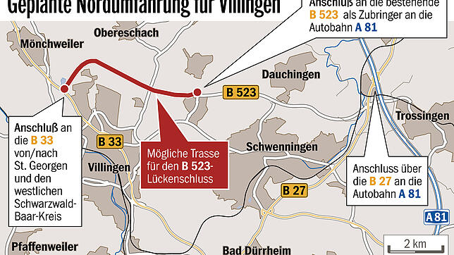 Die rote Linie auf der Grafik zeigt den geplanten &bdquo;Lückenschluss&ldquo; der Bundesstraße 523 nördlich von Villingen und südlich ...