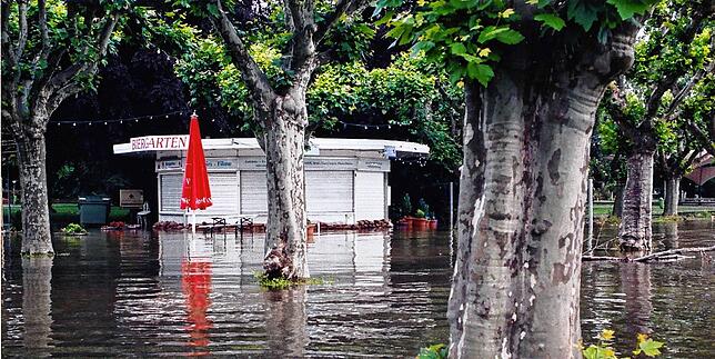1999: Wegen des Jahrhunderthochwassers stand Rosies Pavillon beim Stadtgarten wochenlang nicht am, sondern im See.