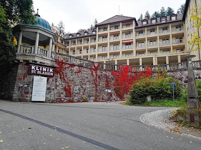 Wilder Wein klettert am Gemäuer des Klinikvorplatzes empor. Auf dem alten Wegweiser ist noch verblasst der Hinweis auf die ...