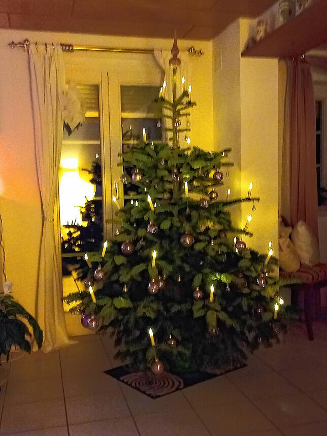 Marlies Blaser hat diesen Baum aus dem heimischen Klettgau mit viel Liebe geschmückt. Peter Blaser weiß den Anblick in Grießen zu schätzen.