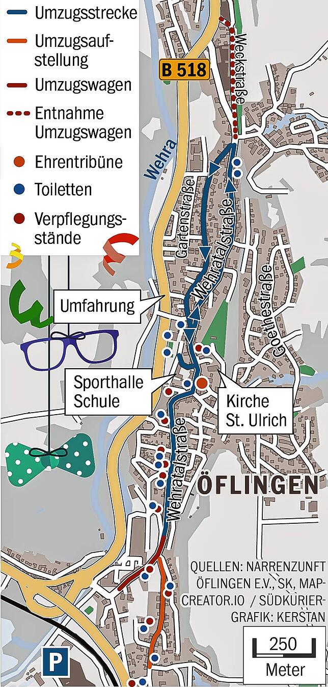 Routenübersicht: Die Öflinger Umzugsstrecke vom VHN-Narrentreffen 2025 geht einmal längs durch den Ort, entlang der Wehratalstraße.