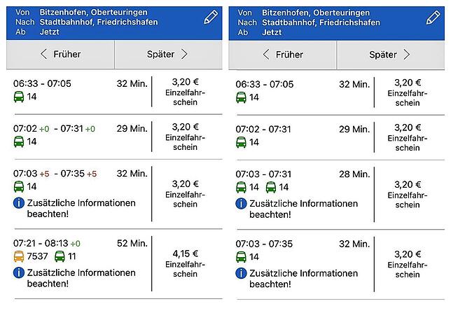 Links weist die Bodo-App wie gewohnt zwei Busse auf der Linie 14 morgens aus. In der Nacht zu Dienstag war laut App der Einsatz eines ...