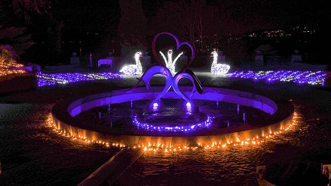 Etwa zwei Dutzend Figuren und Lichtinstallationen erhellen die Insel Mainau während des Christmas Gardens. Bild: Oliver Hanser