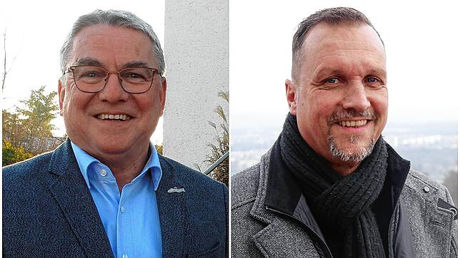 Die beiden Kandidaten für die Bürgermeisterwahl in Rielasingen-Worblingen am Sonntag, 5. März 2023 (von links): Ralf Baumert und Peter ...
