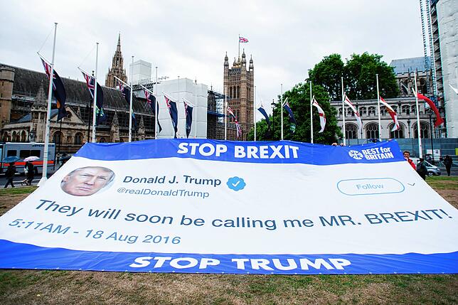 Anti-Brexit-Demonstranten präsentieren einen Tweet von Donald Trump.