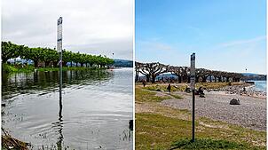Links ein Bild der Radolfzeller Mole aus dem Juni 2024, rechts von Anfang April 2025.