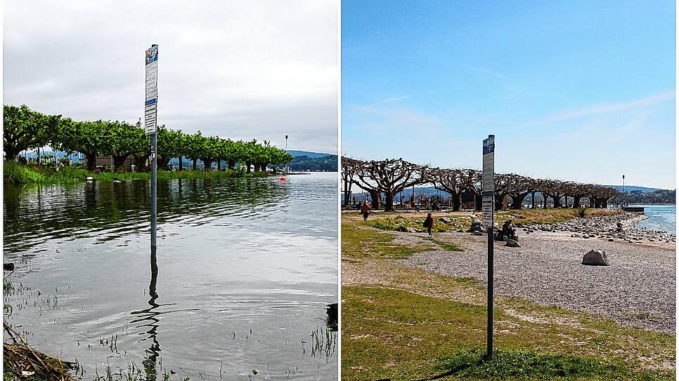 Links ein Bild der Radolfzeller Mole aus dem Juni 2024, rechts von Anfang April 2025.
