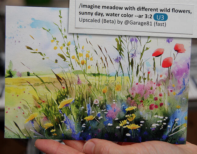 Eine Wiese mit Wildblumen und Sonnenschein, gemalt mit Wasserfarben: Diese Vorgaben sind Teil der Befehlskette (oben rechts) von ...