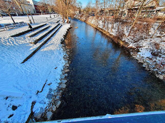 Die Brigach Mitte Januar: Schnee und Eis und dazwischen der Bach, der an der Paradiesgasse wie fast immer von Enten (vorne links) ...