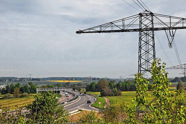 2017 entsteht das erste Storchennest auf einem Strommasten in luftiger Höhe, direkt über der Bundesstraße.