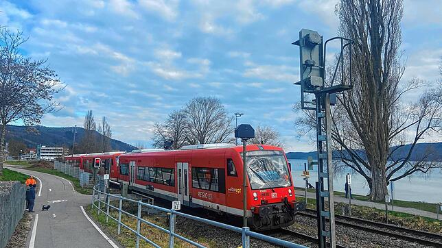 Die Regionalbahn nach Radolfzell stand nach dem Unfall auf dem Bahnübergang. Zum Zeitpunkt der Schnellbremsung hatte der Zug noch keine ...