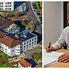 Das Krankenhauses Stockach, aufgenommen aus der Luft im Oktober 2022 und Geschäftsführer Michael Hanke.