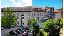 Die Nordseite des Waldshuter Kornhauses vor der Sanierung (linkes Bild) und mit Aufzugstum nach der Sanierung.
