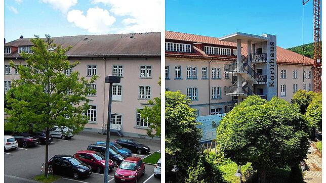 Die Nordseite des Waldshuter Kornhauses vor der Sanierung (linkes Bild) und mit Aufzugstum nach der Sanierung.