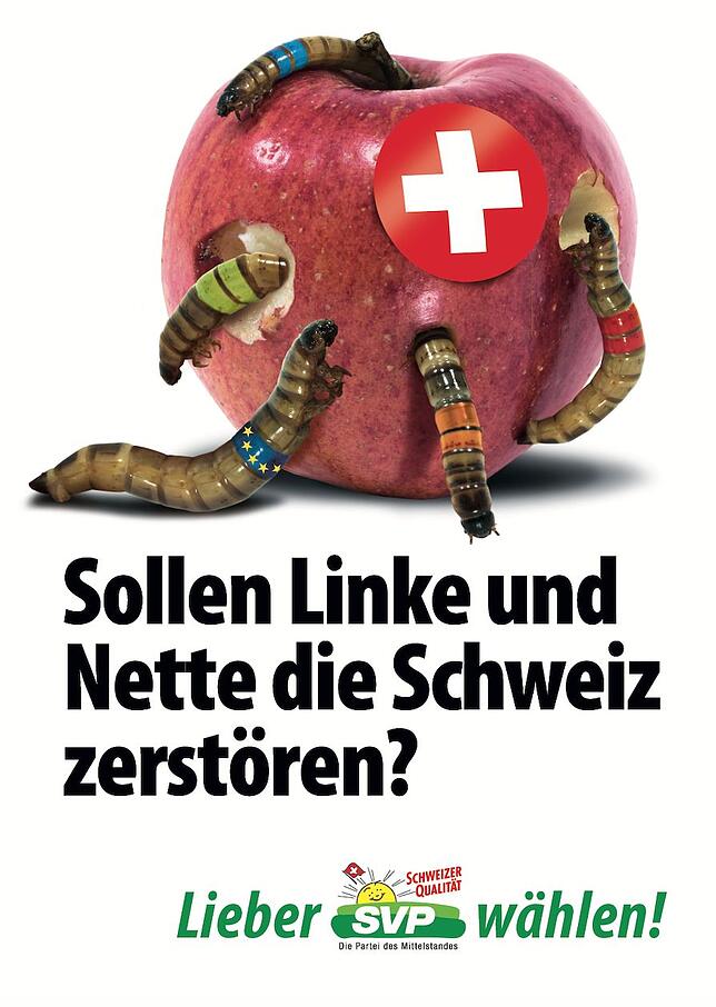 Ein umstrittenes Plakat der SVP des aktuellen Wahlkampfs: Es stellt andere Parteien als Würmer dar, die die Schweiz langsam auffressen.