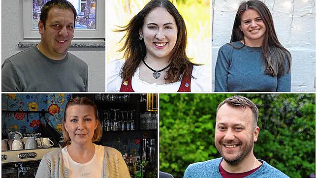 Claudius Mecking, Sarah Rock, Anasztasia Ruzsilla (oben von links) sowie Irina Petri und Robert Wesolowski haben 2024 neue Ämter ...