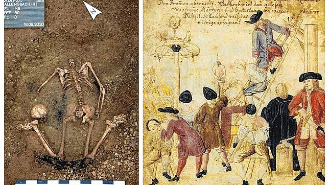 Das Skelett eines in Allensbach enthaupteten Mannes. Die historische Illustration zeigt eine Richtstätte um das Jahr 1720, wie sie auch ...