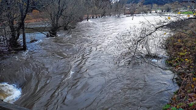 Im Bregtal ist der Pegel am Mittwochmittag, 14. November, noch am steigen. Das Flut strömt auf den Wolterdinger Hochwasserdamm zu.