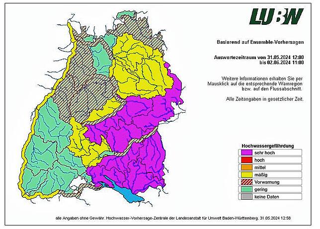 In diesen Gebieten warnt die LUBW mit Stand 31. Mai, 13 Uhr, vor Hochwasser.