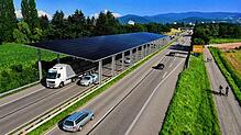 Visualisierung einer Straßenüberdachung mit Photovoltaik. So ähnlich könnte die Überdachung an der Raststätte Hegau-Ost bei Engen aussehen.