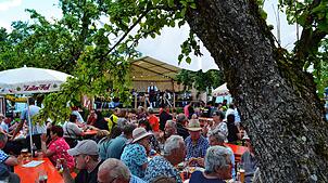 Zahlreiche Gäste genießen den Auftritt der Musikkapelle Wasser beim Frühschoppen anlässlich des 44. Boller Gartenfestes des ...