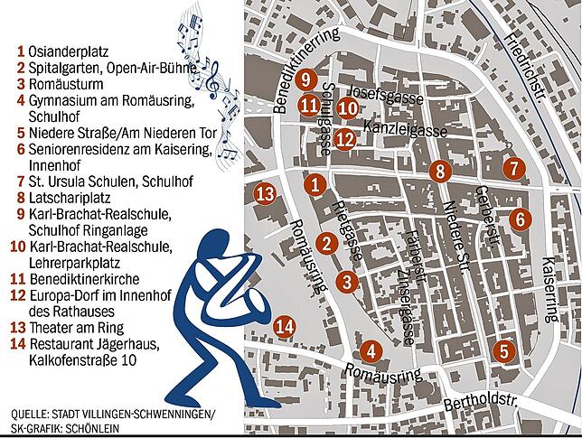 Bild 1: An 14 Spielorten, die fußläufig in der Innenstadt erreichbar sind, steigt am Samstag, 25. Juni, das große Villinger Blasmusikfestival. Aber wie gelangt man dort am bequemsten hin?