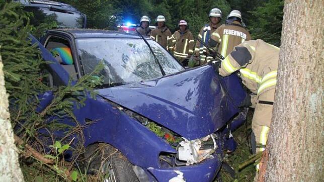 Aus noch ungeklärter Ursache kommt eine Autofahrerin auf der B 523 von der Fahrbahn ab. Bild: Hornfix
