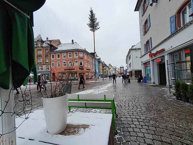 Baum auf Blumen? An der Rietstraße ist dieses Verkaufs-Podest der theoretischen Fallrichtung des Baums im Weg.