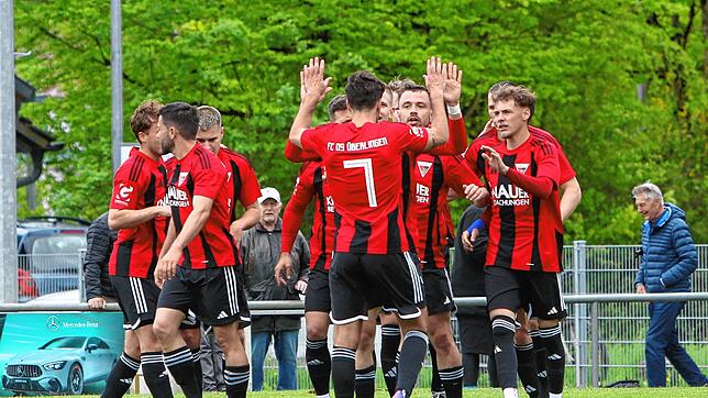 Der FC Überlingen hat sich mit 2:0 gegen die SpVgg F.A.L. durchgesetzt. Hier bejubeln die Gastgeber das 1:0 durch Philipp Dietrich.