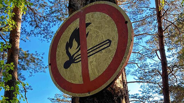 Ein Warnschild an einem Baum oberhalb des Gutachtals bei Triberg verbietet das Feuermachen am beliebten Aussichtspunkt Großvaterstuhl. ...