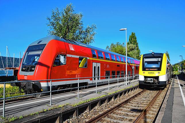 Zwei Züge im Bahnhof Ludwigshafen. Hier liegen zwar zweispurig Gleise, aber davor und danach momentan nur eine Spur.