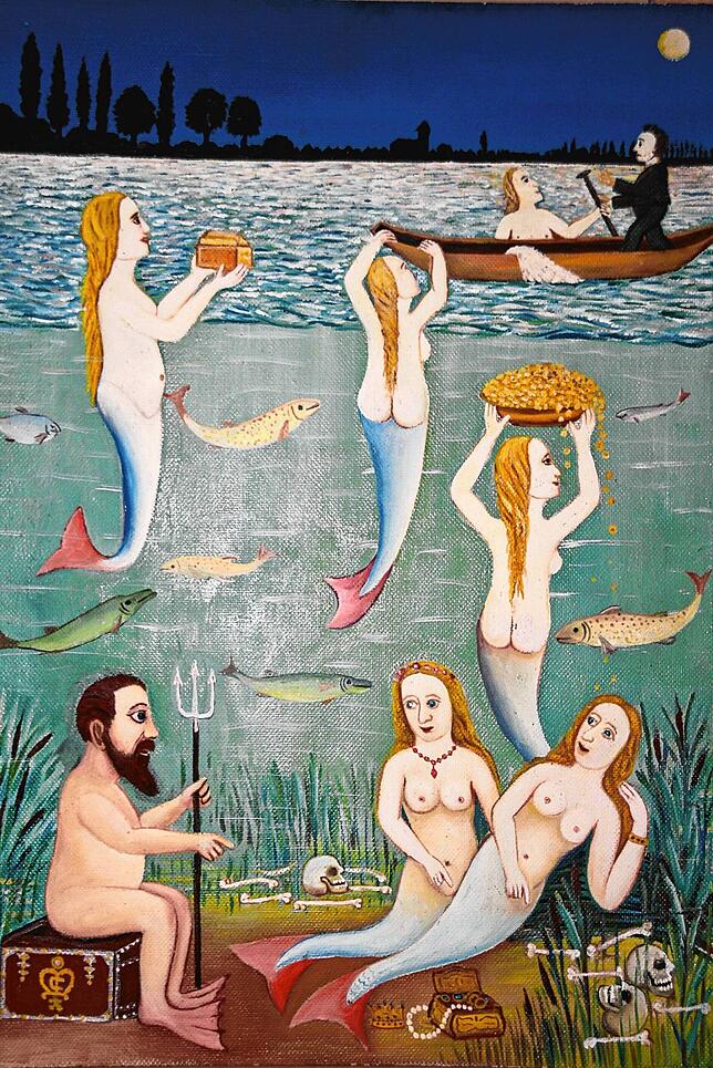 Ein Teil der Ausstellung „Gefahr am Fluss“: Dieses surreale Gemälde von Carolo Müller mit Nixen oder Sirenen an einem Flussufer.